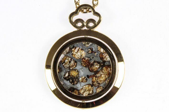 Sericho Pallasite Meteorite Pendant In Gold Rotating Frame #306357